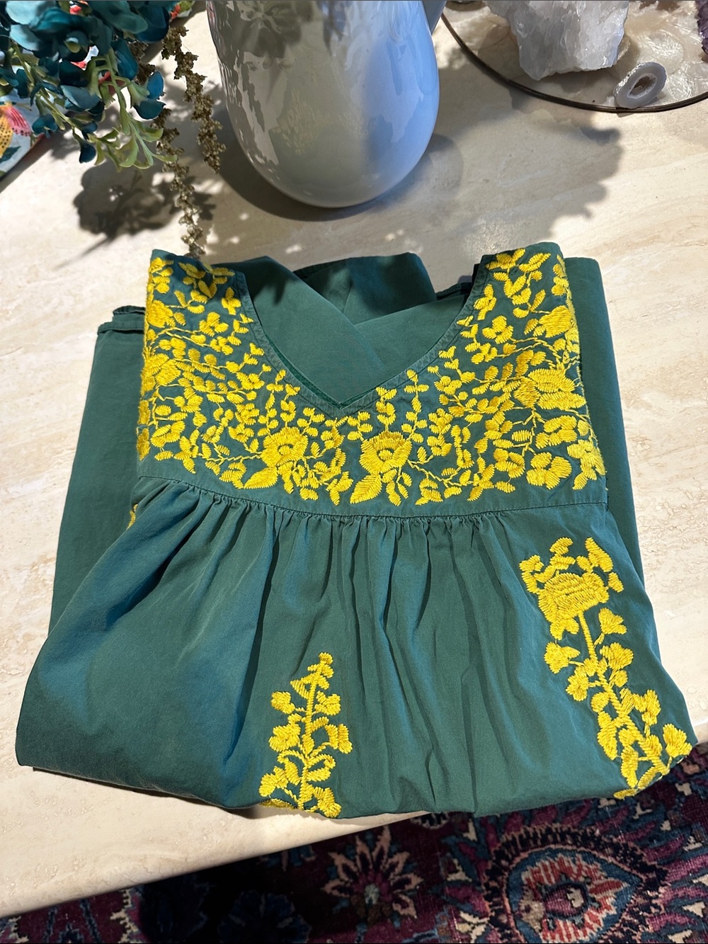 Embroidered V-Neck Green Peasant Top with Yellow Floral Accents